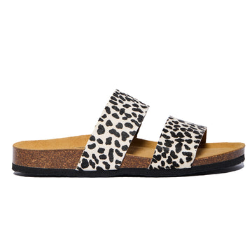 Plakton Sandal Leopard print slide sandal with a memory foam footbed on a white background